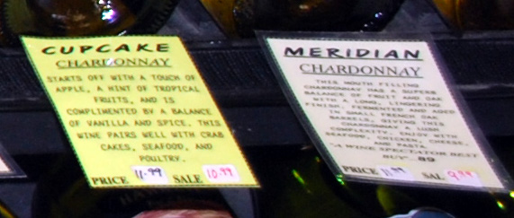 Descriptive labels on wine bottles at Bombadil's